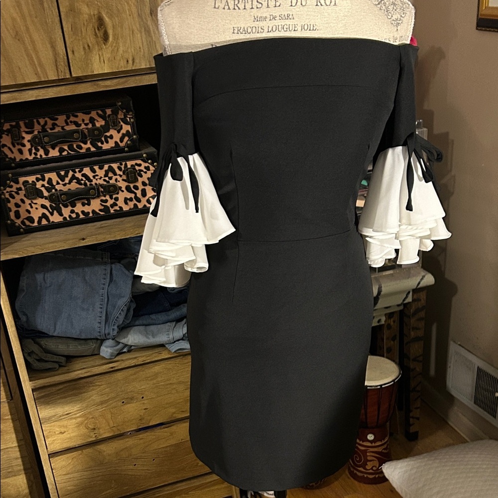 Vicky Tcherassi Black Off-Shoulder Dress with White Ruffle Sleeves - Small NWT